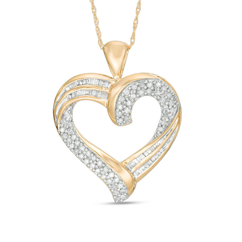Main Image 1 of 1/2 CT. T.W. Baguette and Round Diamond Double Swirl Ribbon Heart Pendant in 10K Gold