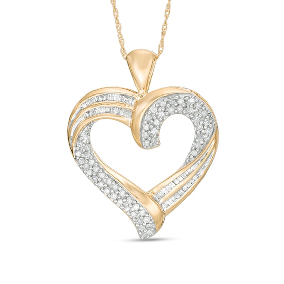 1/2 CT. T.w. Baguette and Round Diamond Double Swirl Ribbon Heart Pendant in 10K Gold