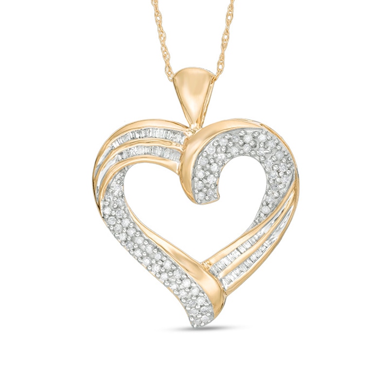 Main Image 1 of 1/2 CT. T.W. Baguette and Round Diamond Double Swirl Ribbon Heart Pendant in 10K Gold
