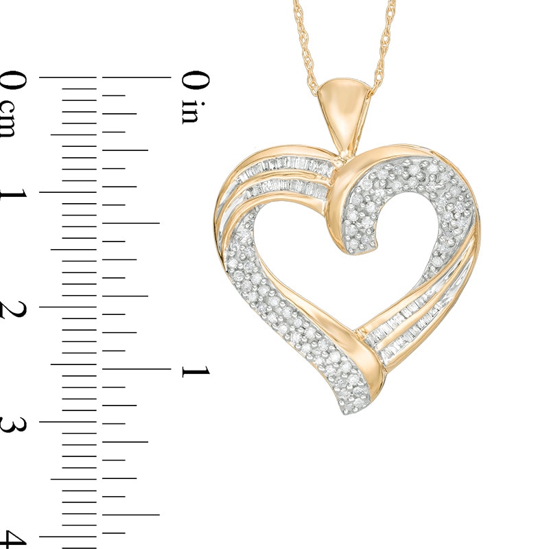 Main Image 4 of 1/2 CT. T.W. Baguette and Round Diamond Double Swirl Ribbon Heart Pendant in 10K Gold