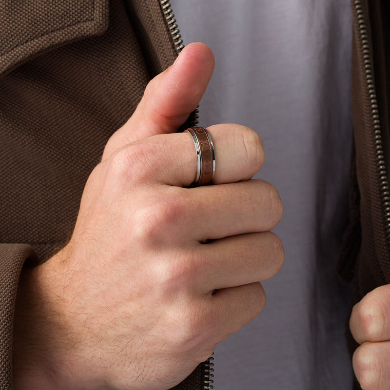 Main Image 2 of Men's 8.0mm Skull and Crossbones Center Stripe Band in Stainless Steel with Brown IP