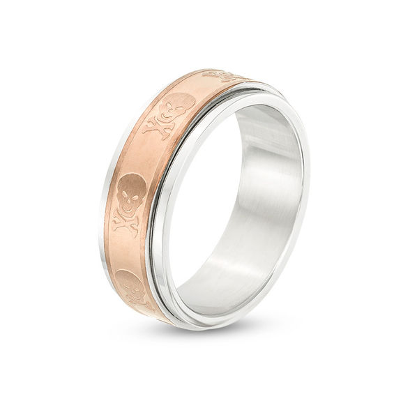 Men's 8.0mm Skull and Crossbones Center Stripe Band in Stainless Steel with Brown IP