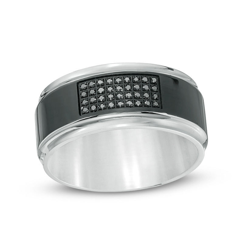 Men's 1/8 CT. T.W. Black Diamond Stepped Edge Wedding Band in Stainless Steel with Black IP