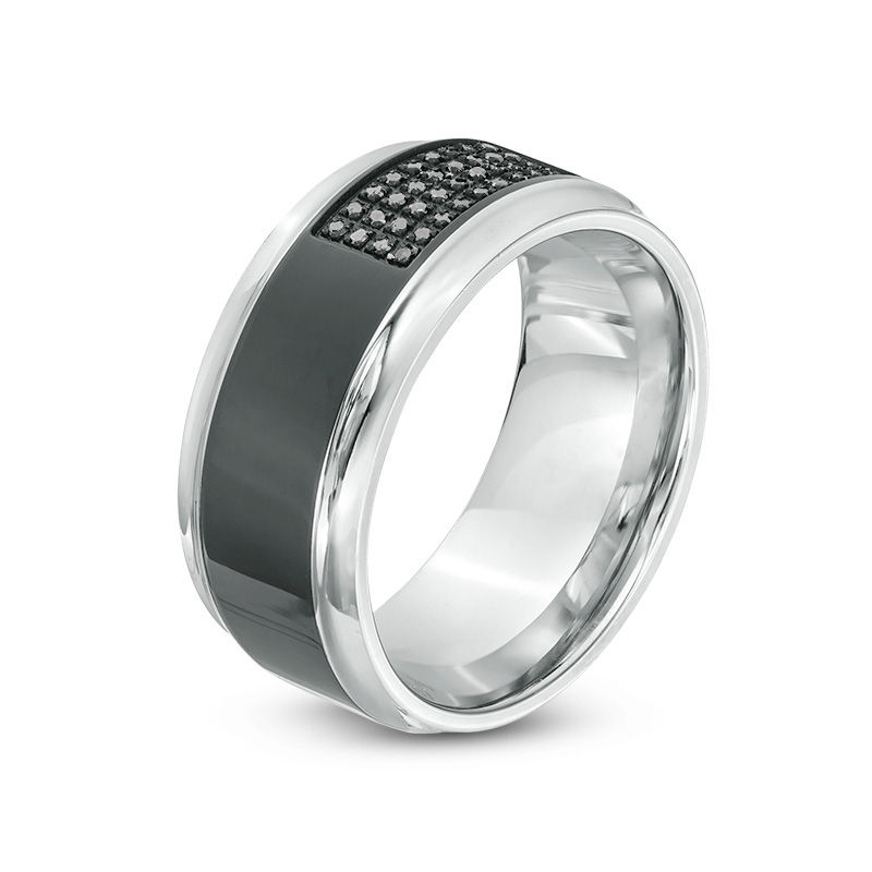 Men's 1/8 CT. T.W. Black Diamond Stepped Edge Wedding Band in Stainless Steel with Black IP