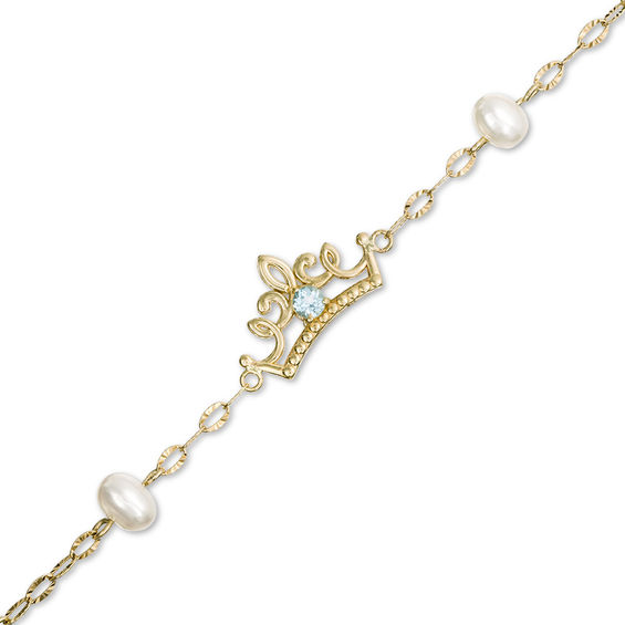 Child's Disney Twinkle Princess Blue Topaz and Oval Freshwater Pearl Beaded Tiara Bracelet in 14K Gold - 5.0"