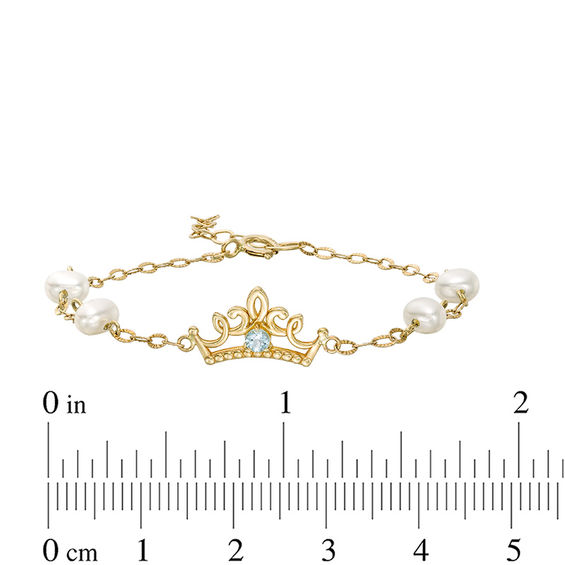 Child's Disney Twinkle Princess Blue Topaz and Oval Freshwater Pearl Beaded Tiara Bracelet in 14K Gold - 5.0"