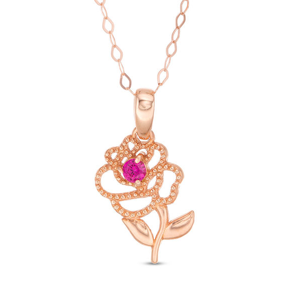 Child's Disney Twinkle Belle Ruby Beaded Rose Pendant in 14K Gold - 13"