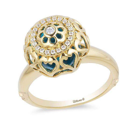 Enchanted Disney Jasmine Blue Topaz and 1/10 CT. T.w. Diamond Cage Ring in 14K Gold