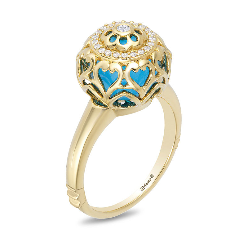 Main Image 2 of Enchanted Disney Jasmine Blue Topaz and 1/10 CT. T.W. Diamond Cage Ring in 14K Gold