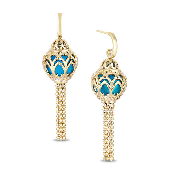 Enchanted Disney Jasmine Blue Topaz and 1/10 CT. T.w. Diamond Cage Drop Earrings in 14K Gold