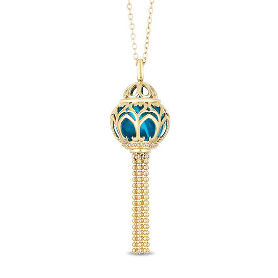 Enchanted Disney Jasmine Blue Topaz and 1/10 CT. T.W. Diamond Cage Pendant in 14K Gold - 19" Enchanted Disney Jasmine Blue Topaz and 1/10 CT. T.W. Diamond Cage Pendant in 14K Gold - 19"