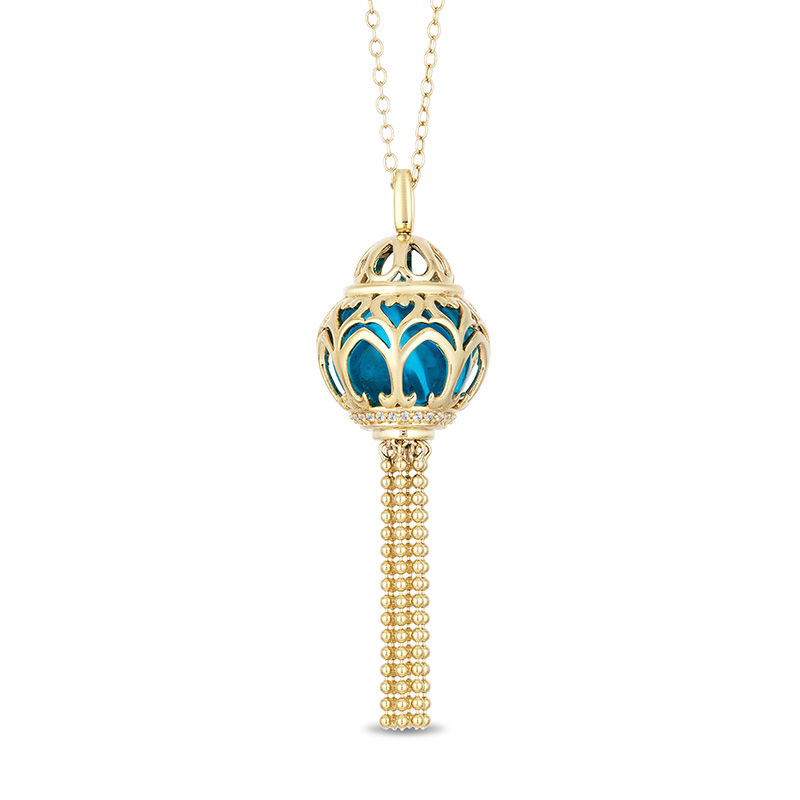 Main Image 1 of Enchanted Disney Jasmine Blue Topaz and 1/10 CT. T.W. Diamond Cage Pendant in 14K Gold - 19"