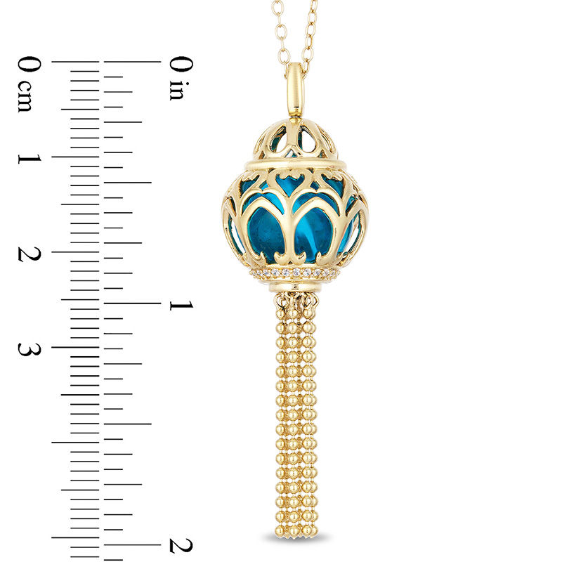 Main Image 2 of Enchanted Disney Jasmine Blue Topaz and 1/10 CT. T.W. Diamond Cage Pendant in 14K Gold - 19"
