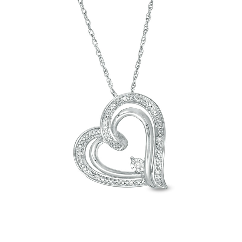 Main Image 1 of Diamond Accent Tilted Double Heart Outline Pendant in Sterling Silver