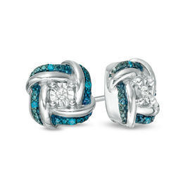 Enhanced Blue and White Diamond Accent Knot Stud Earrings in Sterling Silver