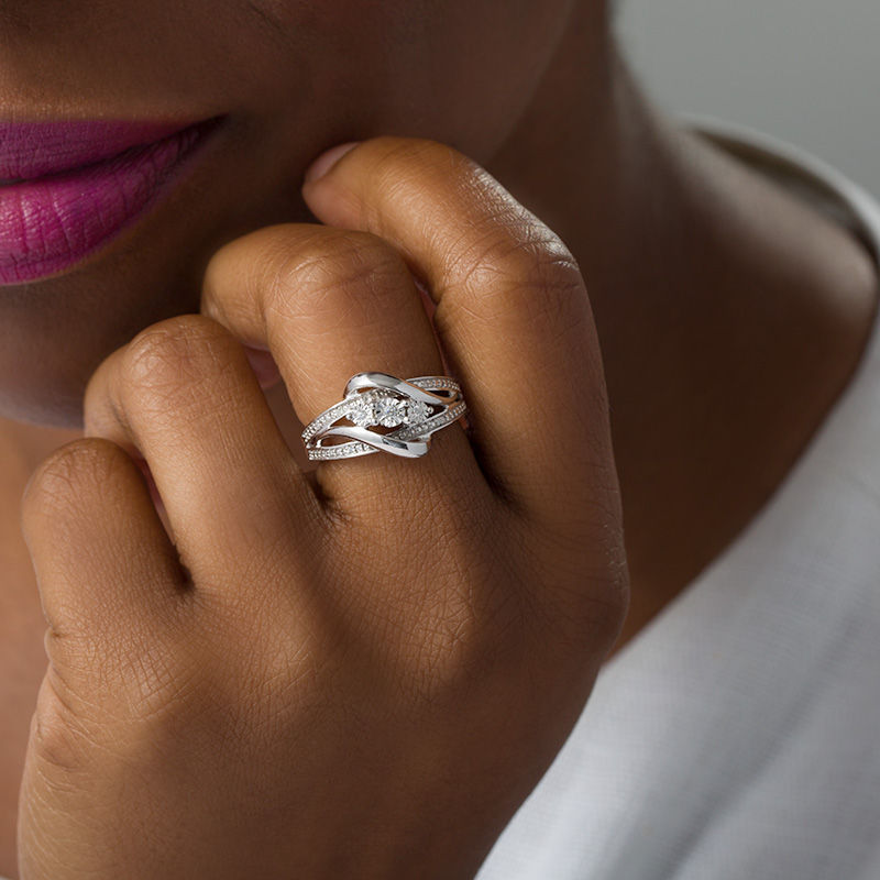 Main Image 2 of Diamond Accent Three Stone Bypass Ring in Sterling Silver