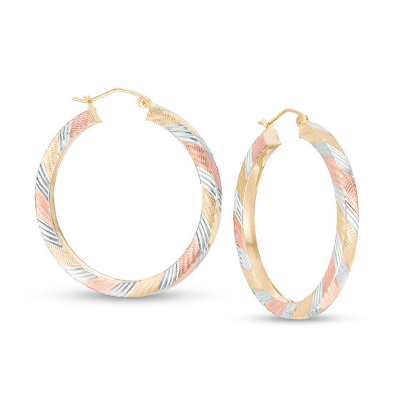 35.0mm Diamond-Cut Twist Square-Edged Hoop Earrings in 10K Tri-Tone Gold