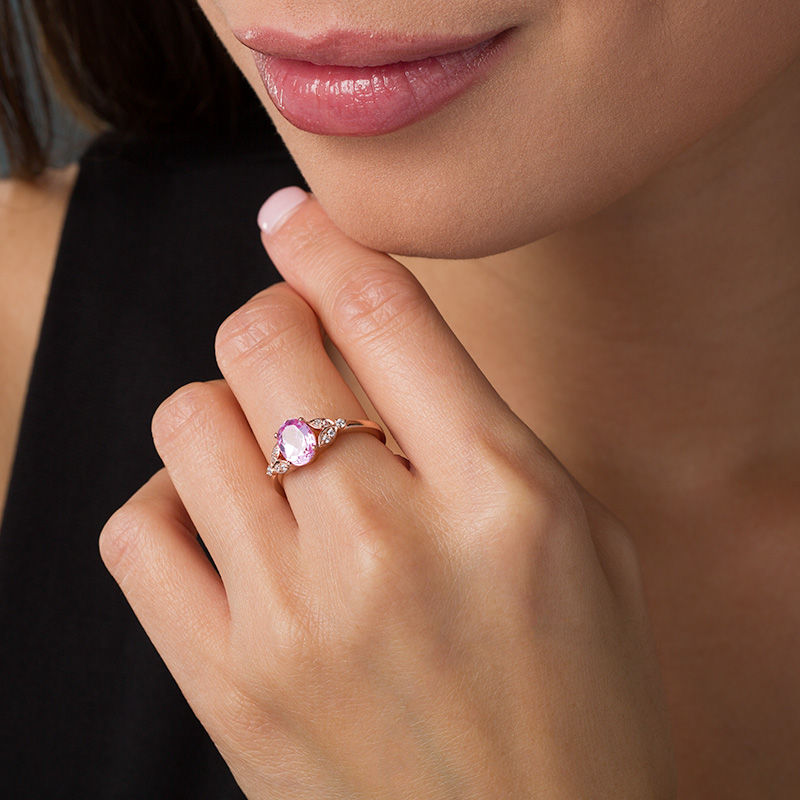 Main Image 2 of Oval Lab-Created Pink Sapphire and 1/10 CT. T.W. Diamond Leaf Sides Ring in 10K Rose Gold