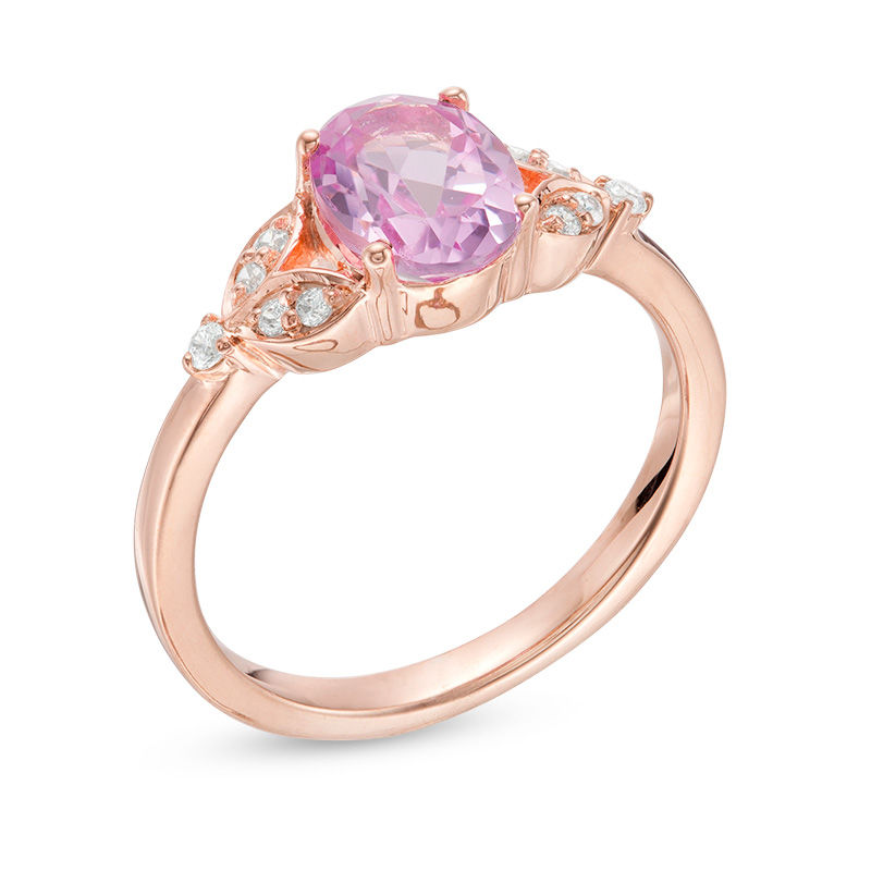 Main Image 3 of Oval Lab-Created Pink Sapphire and 1/10 CT. T.W. Diamond Leaf Sides Ring in 10K Rose Gold