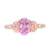 Thumbnail Image 4 of Oval Lab-Created Pink Sapphire and 1/10 CT. T.W. Diamond Leaf Sides Ring in 10K Rose Gold