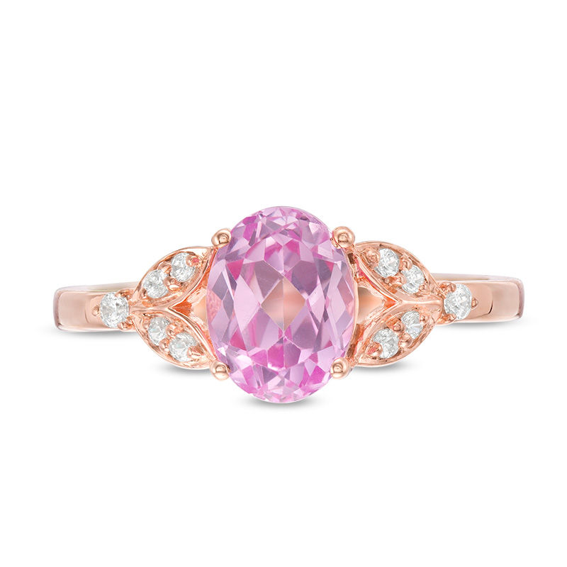 Main Image 4 of Oval Lab-Created Pink Sapphire and 1/10 CT. T.W. Diamond Leaf Sides Ring in 10K Rose Gold