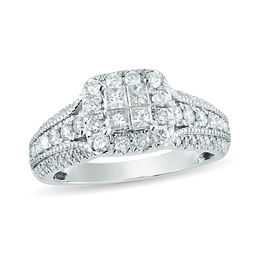 1 CT. T.W. Quad Princess-Cut Diamond Frame Vintage-Style Engagement Ring in 10K White Gold