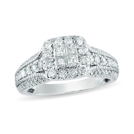 1 CT. T.w. Quad Princess-Cut Diamond Frame Vintage-Style Engagement Ring in 10K White Gold