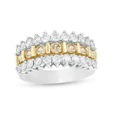 2 CT. T.W. Enhanced Champagne and White Diamond Multi-Row Anniversary Band  in 10K Two-Tone Gold