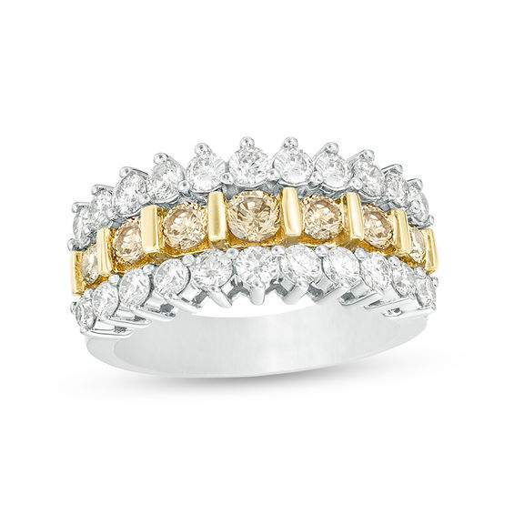 2 CT. T.w. Enhanced Champagne and White Diamond Multi-Row Anniversary Band in 10K Two-Tone Gold