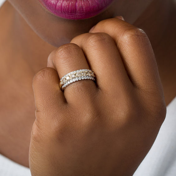 1 CT. T.w. Enhanced Champagne and White Diamond Multi-Row Anniversary Band in 10K Two-Tone Gold