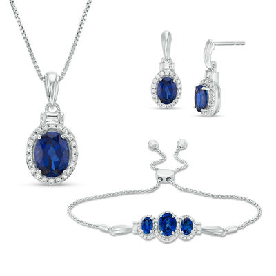Oval Lab-Created Ceylon and White Sapphire Frame Pendant, Bolo Bracelet and  Drop Earrings Set in Sterling Silver - 9.5