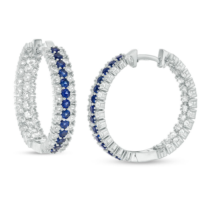 Main Image 1 of Lab-Created Blue and White Sapphire Triple Row Inside-Out Hoop Earrings in Sterling Silver