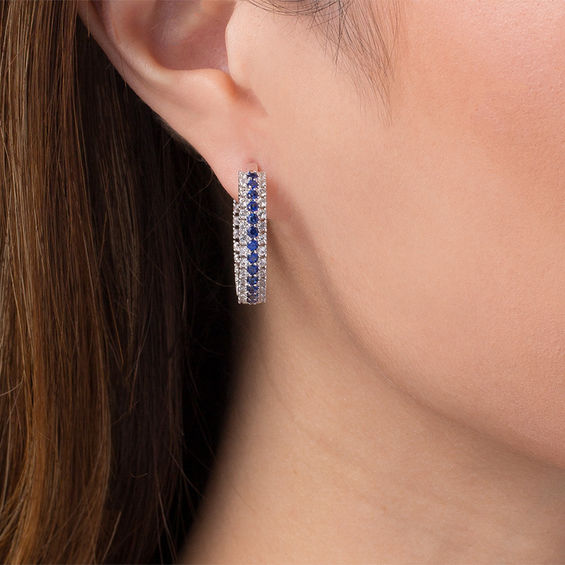 Lab-Created Blue and White Sapphire Triple Row Inside-Out Hoop Earrings in Sterling Silver