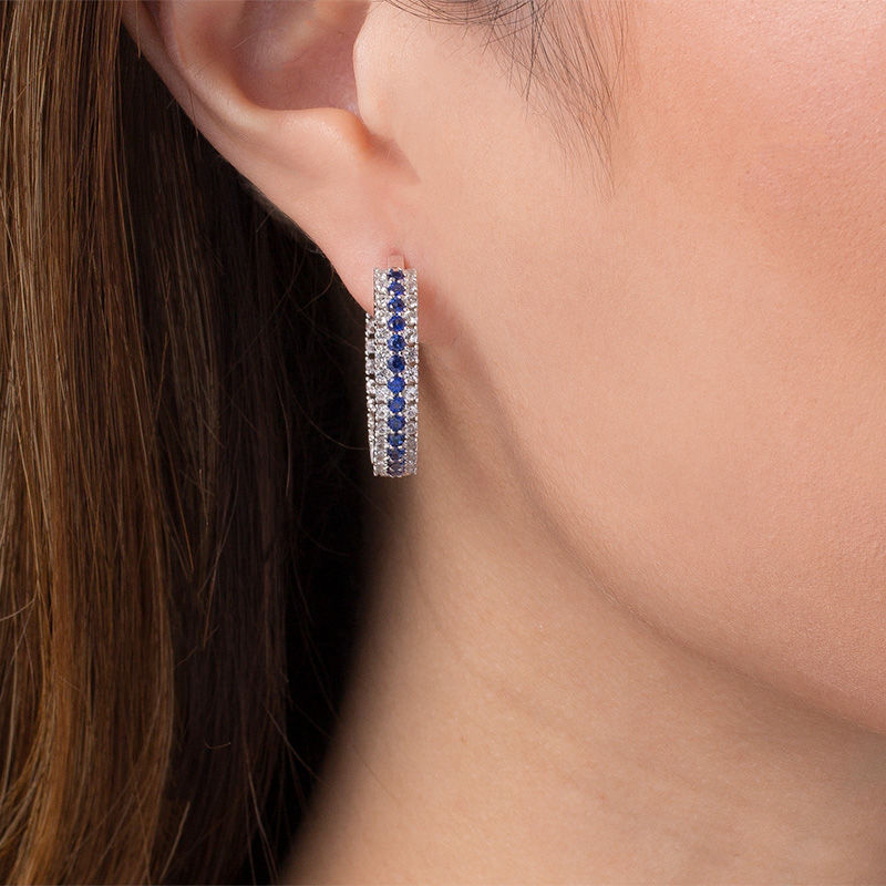 Main Image 2 of Lab-Created Blue and White Sapphire Triple Row Inside-Out Hoop Earrings in Sterling Silver