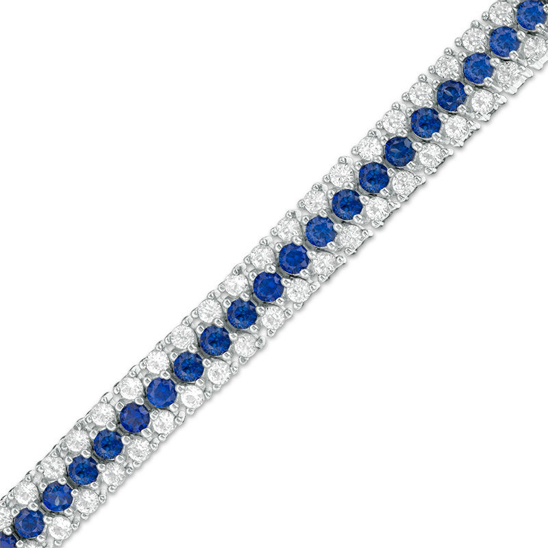 Lab-Created Blue and White Sapphire Triple Row Bracelet in Sterling Silver - 7.25"