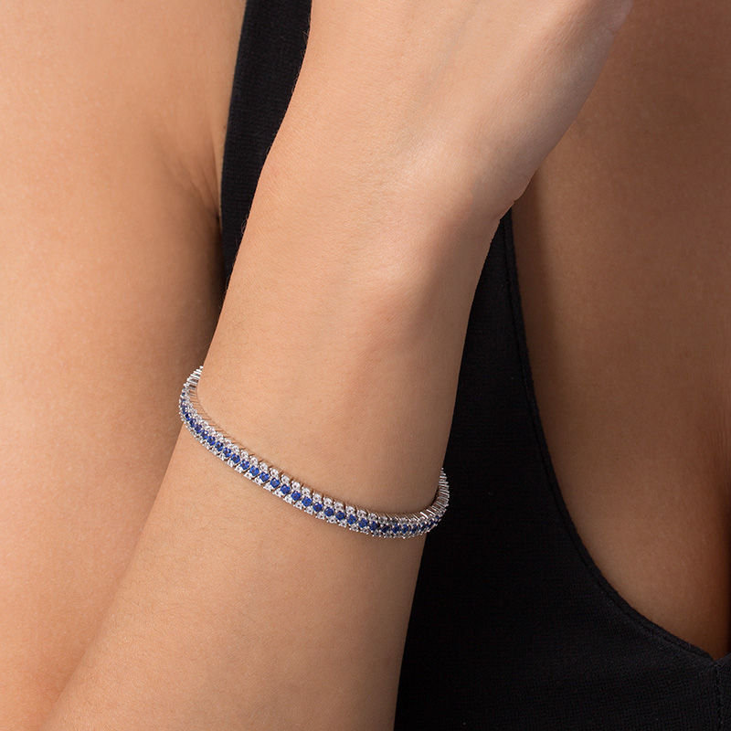 Lab-Created Blue and White Sapphire Triple Row Bracelet in Sterling Silver - 7.25"