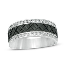 1/2 CT. T.W. Diamond Zig-Zag Center Wedding Band in 10K White Gold with Black Rhodium