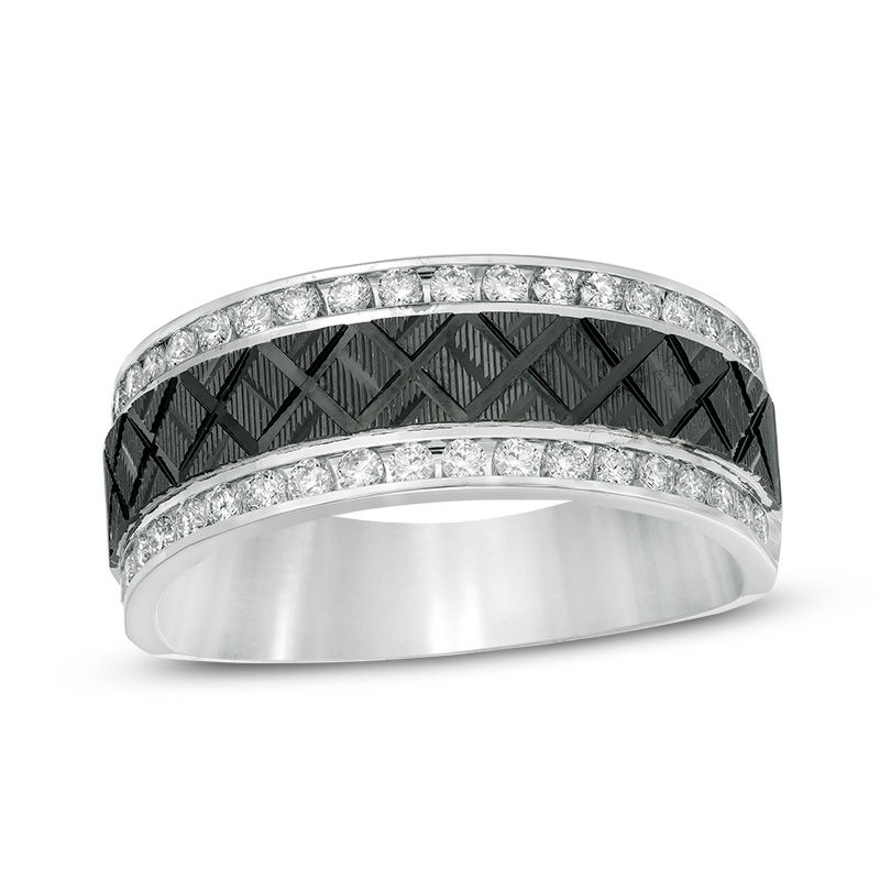 Men's 1/2 CT. T.W. Diamond Zig-Zag Center Wedding Band in 10K White Gold with Black Rhodium