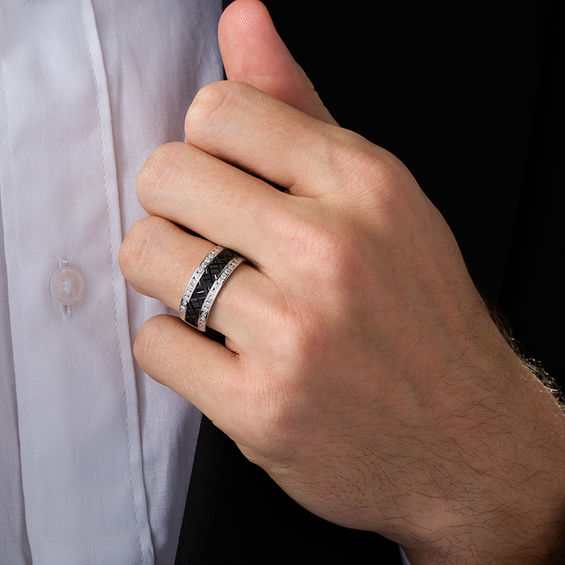 1/2 CT. T.w. Diamond Zig-Zag Center Wedding Band in 10K White Gold with Black Rhodium