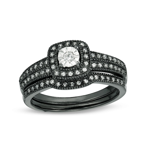 1/5 CT. T.w. Diamond Cushion Frame Vintage-Style Bridal Set in 10K White Gold with Black Rhodium