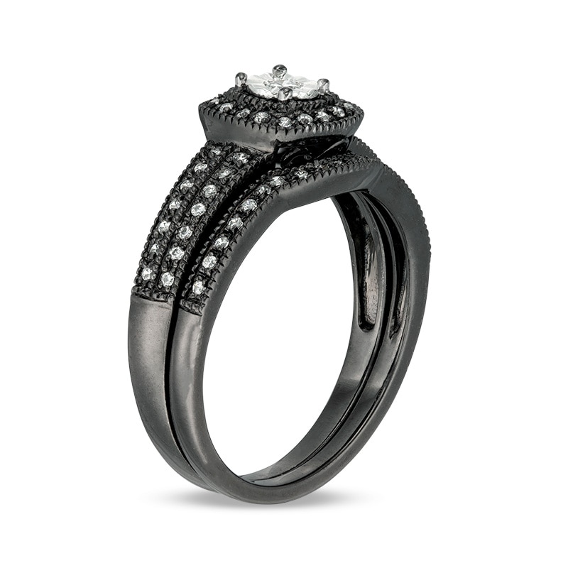 Main Image 3 of 1/5 CT. T.W. Diamond Cushion Frame Vintage-Style Bridal Set in 10K White Gold with Black Rhodium
