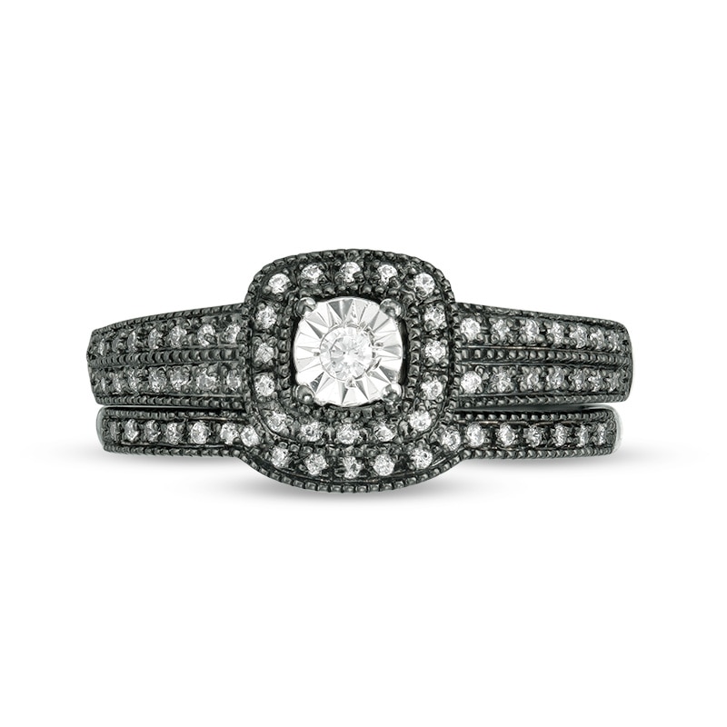 Main Image 4 of 1/5 CT. T.W. Diamond Cushion Frame Vintage-Style Bridal Set in 10K White Gold with Black Rhodium