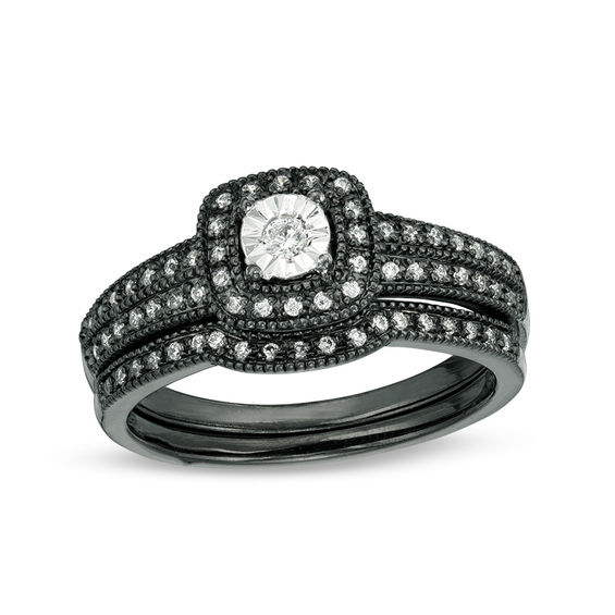 1/5 CT. T.w. Diamond Cushion Frame Vintage-Style Bridal Set in 10K White Gold with Black Rhodium