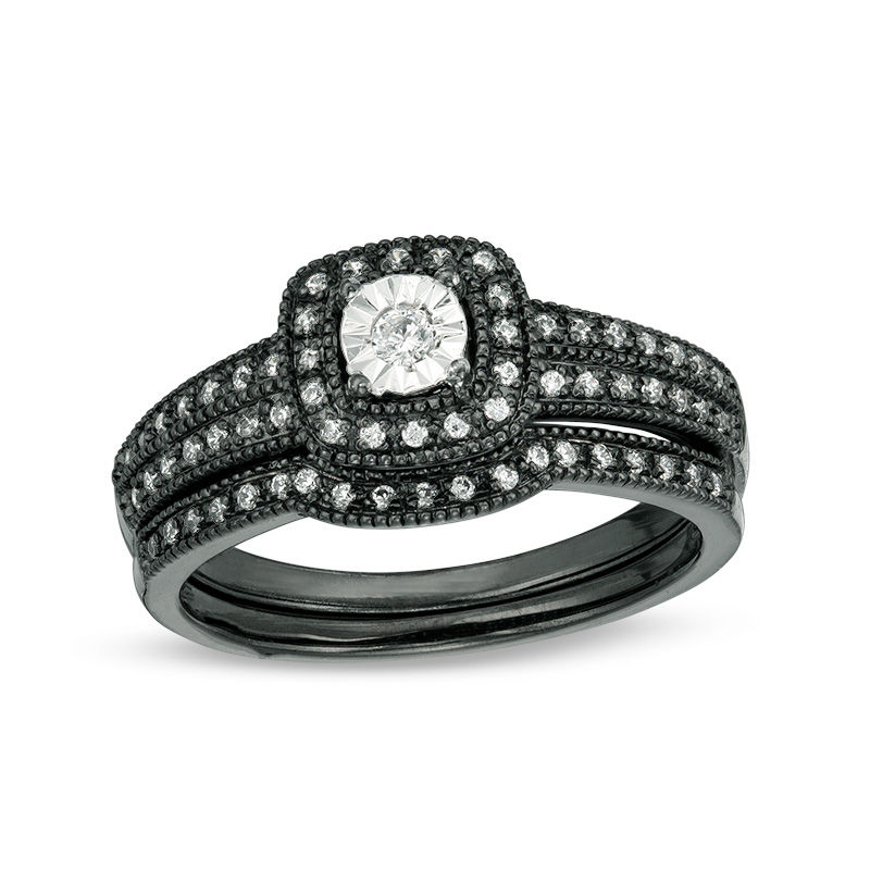 1/5 CT. T.W. Diamond Cushion Frame Vintage-Style Bridal Set in 10K White Gold with Black Rhodium