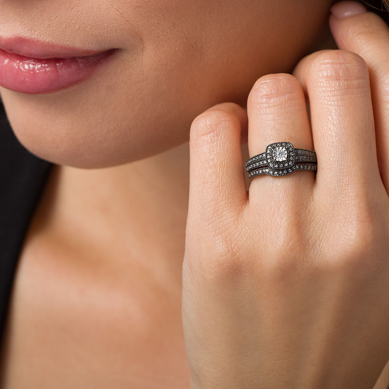 Main Image 2 of 1/5 CT. T.W. Diamond Cushion Frame Vintage-Style Bridal Set in 10K White Gold with Black Rhodium