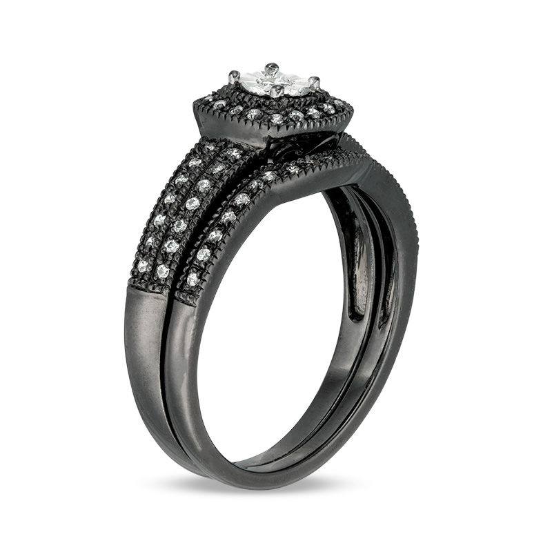 1/5 CT. T.W. Diamond Cushion Frame Vintage-Style Bridal Set in 10K White Gold with Black Rhodium