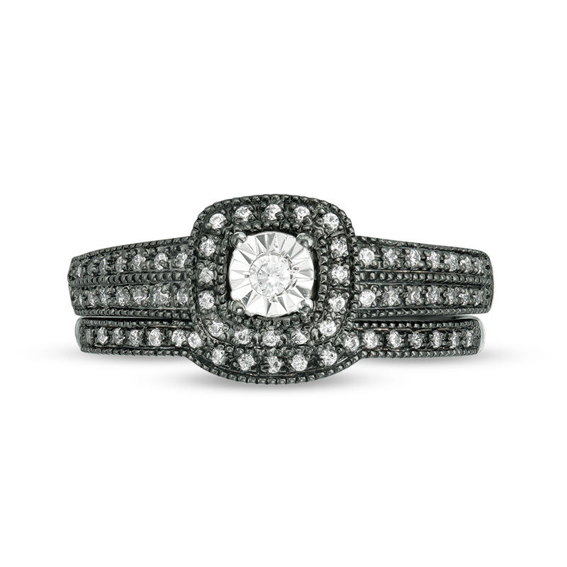 1/5 CT. T.W. Diamond Cushion Frame Vintage-Style Bridal Set in 10K White Gold with Black Rhodium