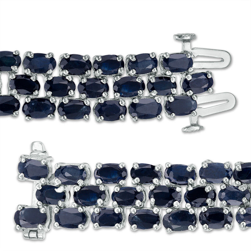 Oval Blue Sapphire Triple Row Bracelet in Sterling Silver - 7.5"