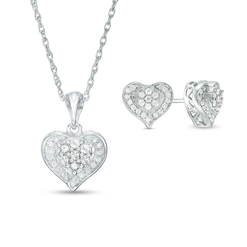 Lab-Created White Sapphire Heart Pendant and Stud Earrings Set in ...