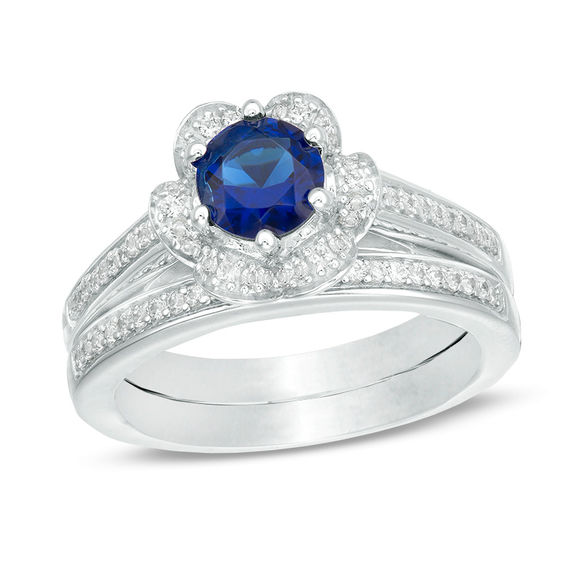 6.0mm Lab-Created Blue and White Sapphire Flower Frame Bridal Set in Sterling Silver